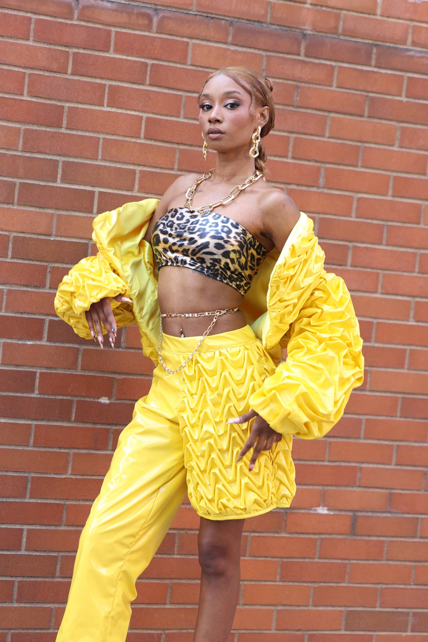 “Golden Voltage” Asymmetrical Smocking Pants