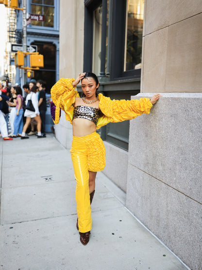 “Golden Voltage” Asymmetrical Smocking Pants